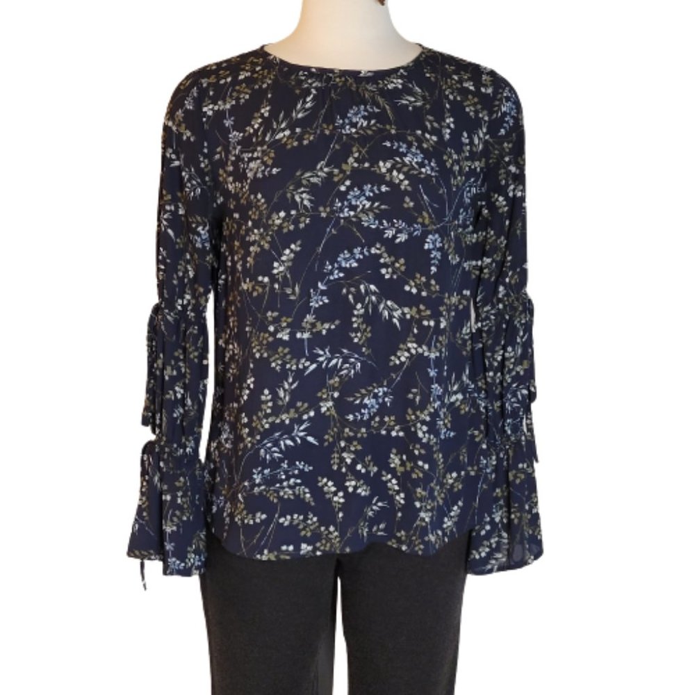 LOFT Outlet Floral Loose Fit Blouse Long Bell Sleeve w/Ties Size S Navy Lt Blue